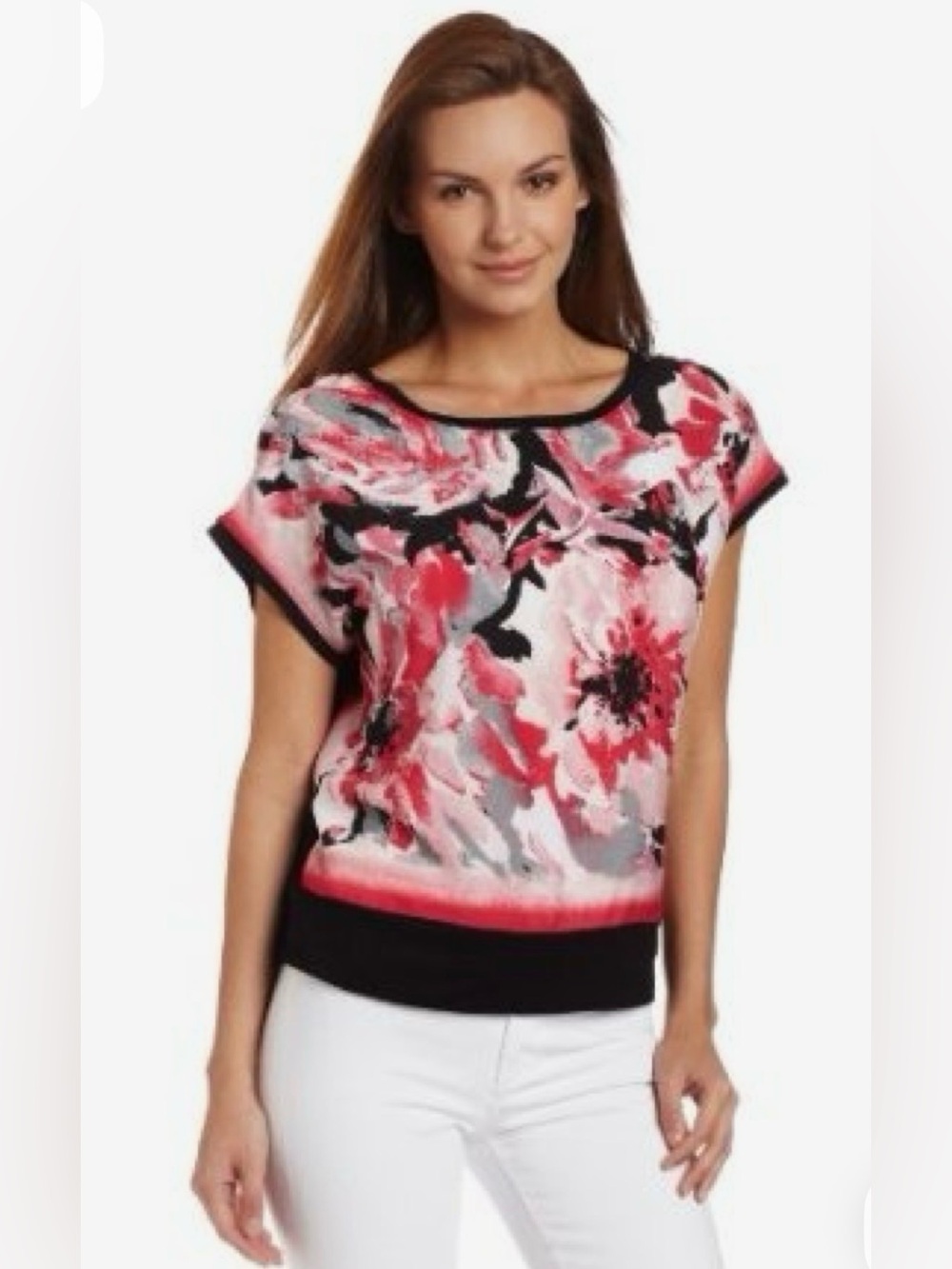B Design Pink Floral Short-Sleeve BoxyTop with Scoop Neck- NWOT Size M